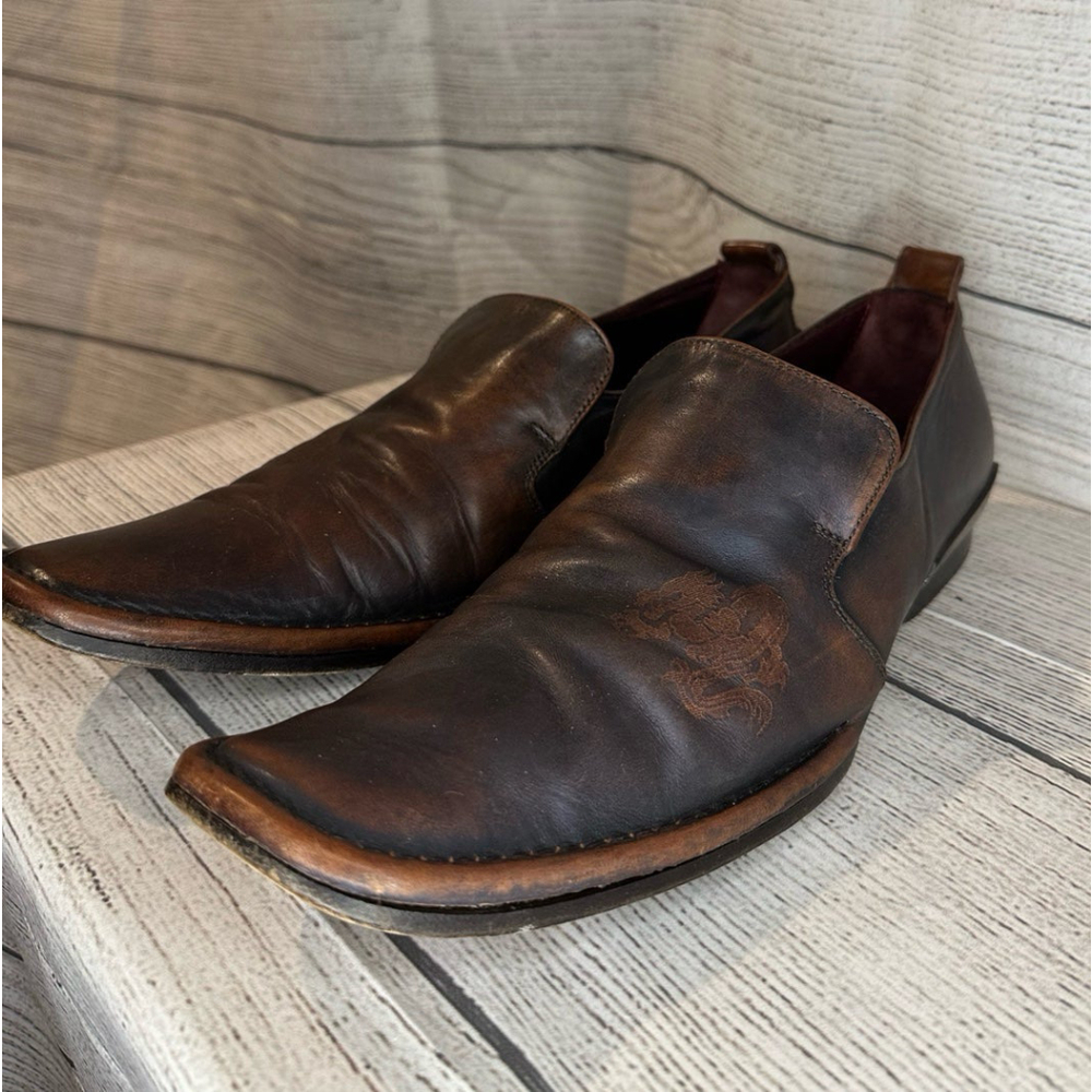 Mens Mark Nason Rock Never Dies Dragon Embossed Brown Leather Loafers 10